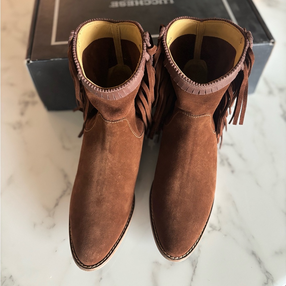 Lucchese Hidden Wedge Brown Suede Fringe Booties - Picture 8 of 11